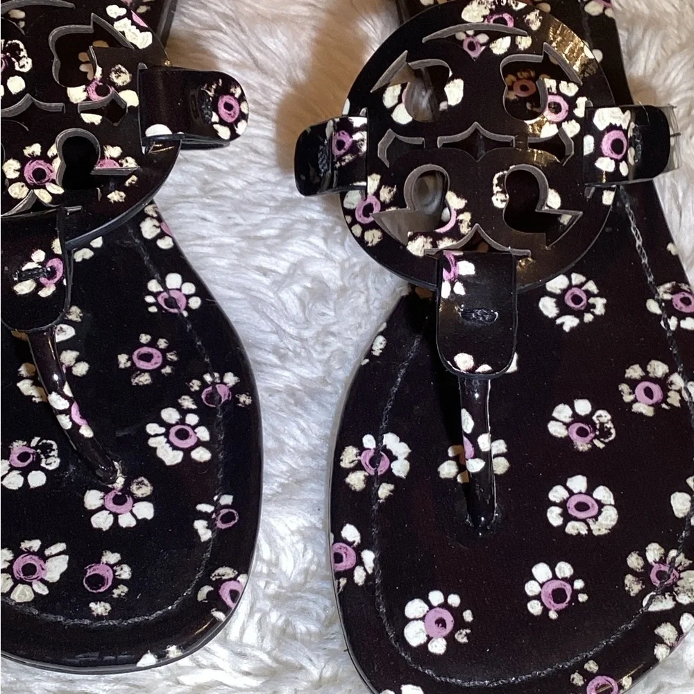 Tory Burch womens Miller black floral sandals size 8